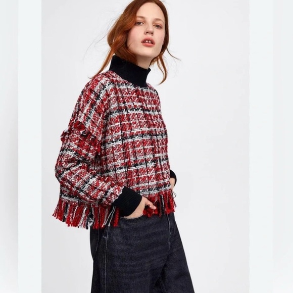 Zara Tops - ZARA Multi-Colored Red Black White Tweed Fringe Mock Neck Crop Party Sweater XS